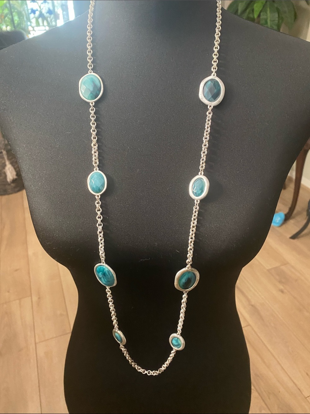 Jones New York Silver Chain Necklace with Teal Stone Stations